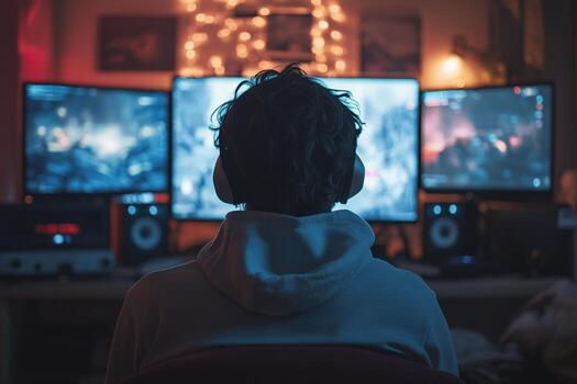 A person sitting in front of three computer monitors photo