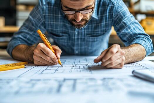 A man is working on a blueprint while holding a pencil photo