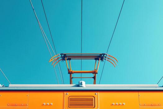 A view of a train with wires and a blue sky photo
