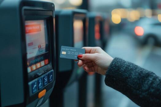 A person holding a credit card at an automated machine photo