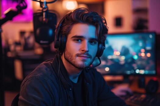 A man wearing headphones in front of a computer photo