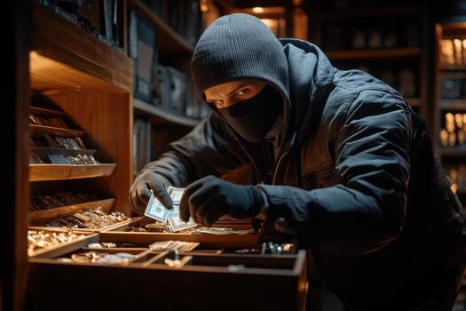 A man in a black mask is looking at a bookcase photo