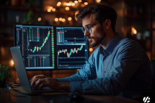 Man using laptop with stock market graphs photo