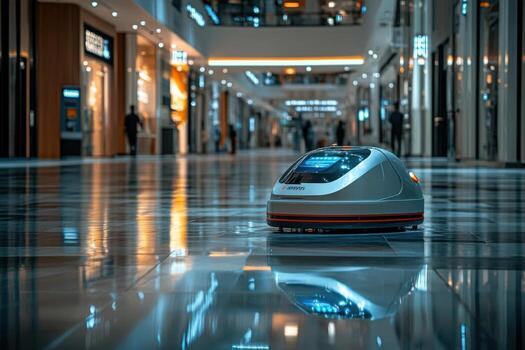 A robot is sitting on the floor in a shopping mall photo