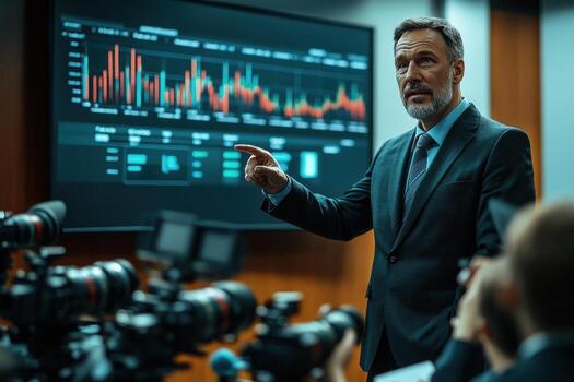 A man in a suit is giving a presentation to a group of people photo