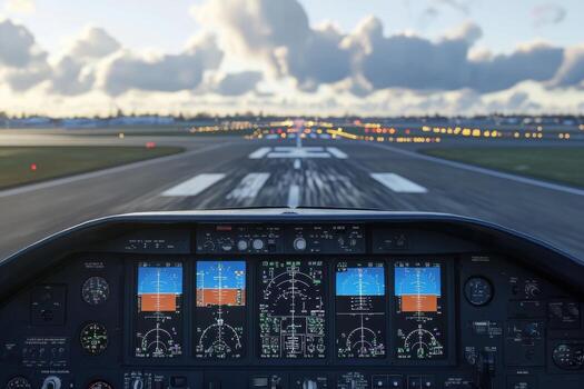 The cockpit of a small airplane with the flight controls on photo