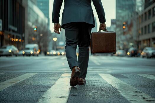 A man in a suit walking across the street with a briefcase photo
