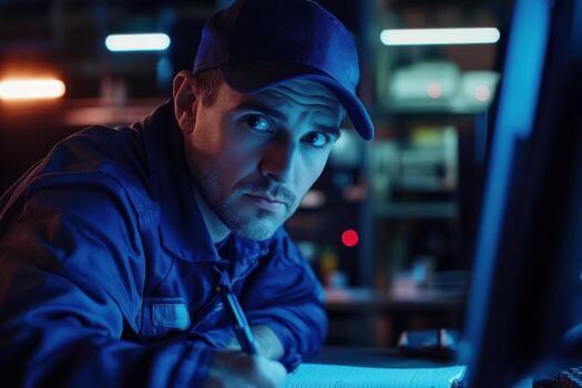 A man in a blue hat is looking at a computer screen photo