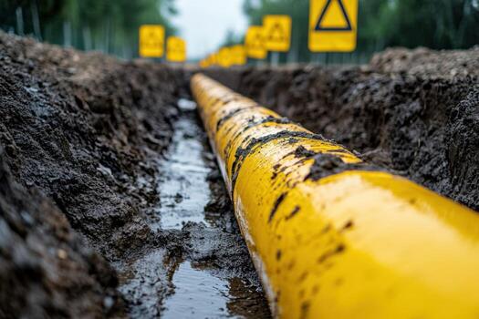 A yellow pipe is in the middle of a muddy field photo
