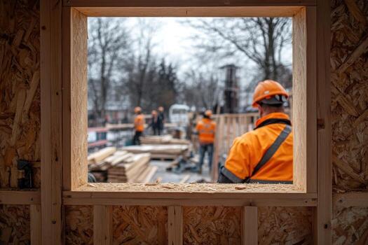 Construction workers in orange work clothes looking out of a window photo