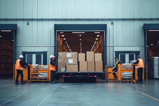 Two men in orange vests loading boxes into a warehouse photo