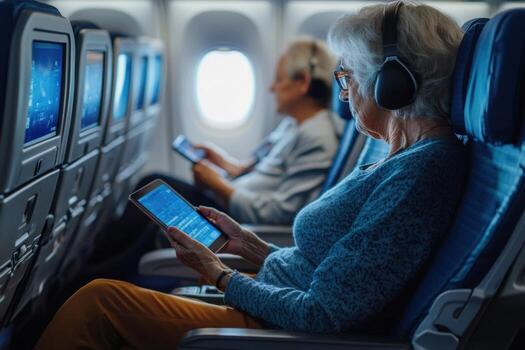 Senior woman using tablet on airplane photo