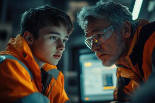 A man and boy in safety gear looking at a computer photo