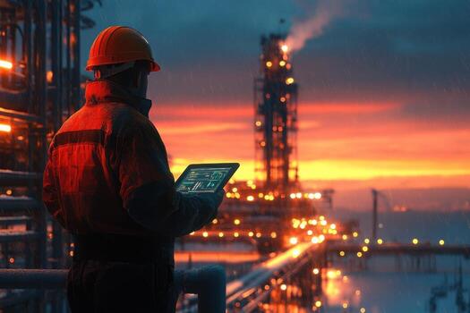 A man in an orange helmet holding a tablet computer in front of an oil refinery photo