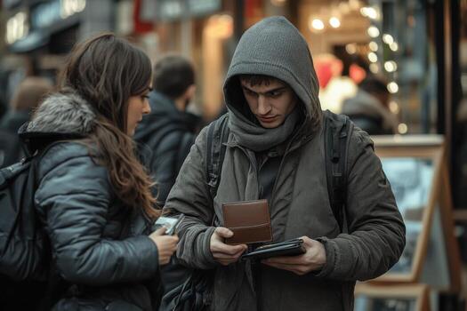 A man and woman standing in front of a store looking at a tablet photo