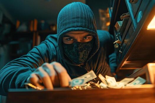 A man in a hoodie and mask is looking at money in a drawer photo