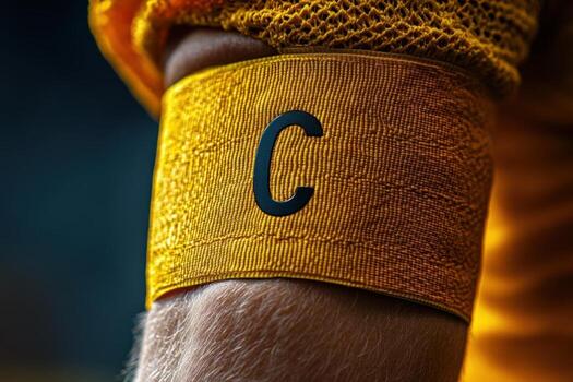 The number c on the arm of a football player photo
