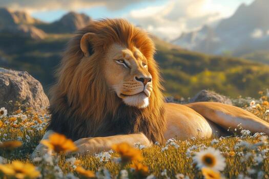 A lion laying in a field with flowers photo