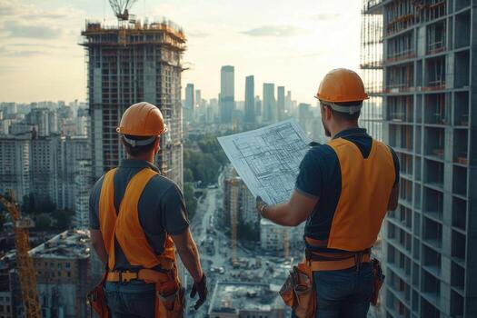 Two construction workers on a building site photo