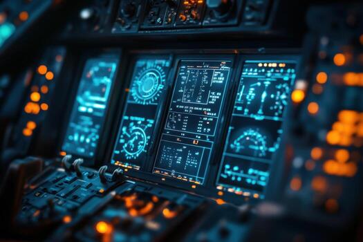 The cockpit of an airplane with various controls photo