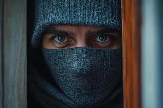 A man in a hoodie peeking out from behind a door photo