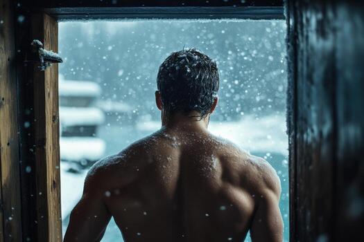 A man standing in front of a door looking out into the snow photo