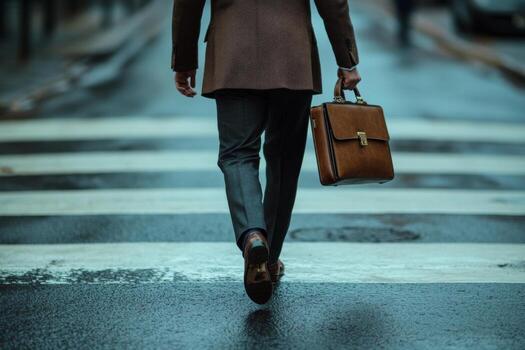 A man in a suit and tie walking across a street photo