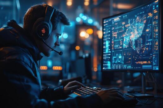 A man wearing headphones and a headset is working on a computer screen photo