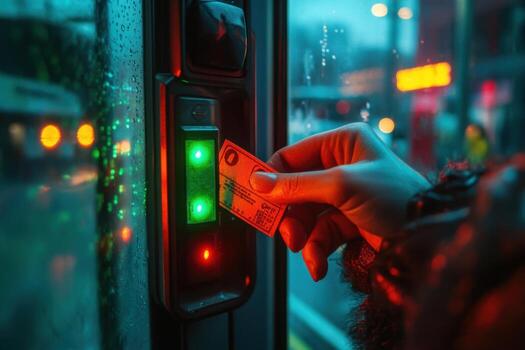 A person holding a card to a bus door photo