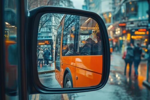 A side view mirror of a bus on a city street photo