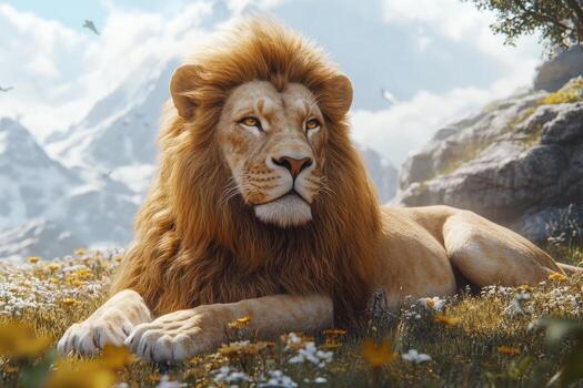 A lion laying in the grass with flowers and mountains in the background photo