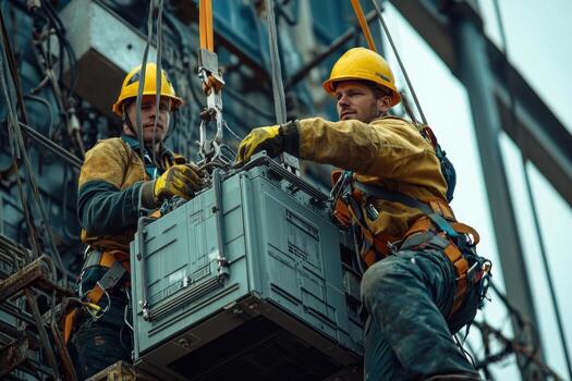 Two construction workers on a scaffold holding a box photo