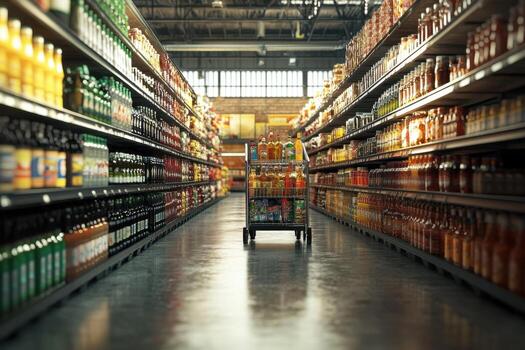 un tienda de comestibles Tienda pasillo con un carro en eso foto
