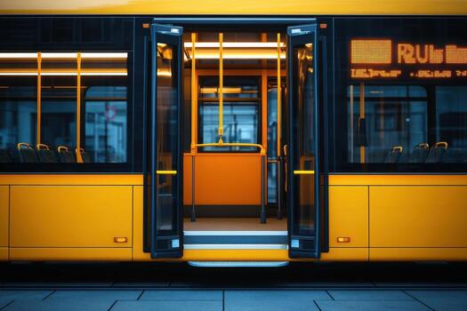 A yellow tram is sitting on the platform photo