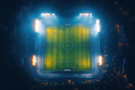 An aerial view of a soccer field at night photo