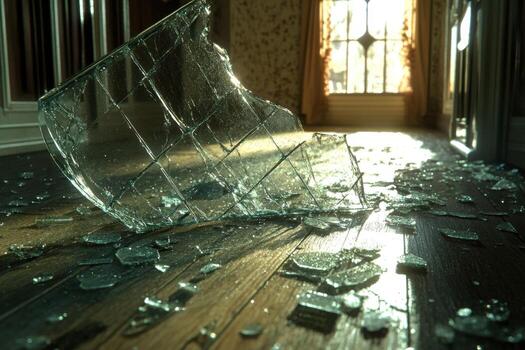 A broken glass window is sitting on the floor photo
