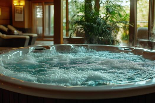 A large hot tub in a room with a large window photo