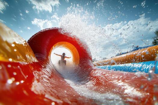 A person riding a water slide in an inflatable tube photo