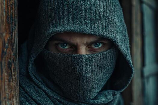 A man in a hooded jacket looking out a window photo