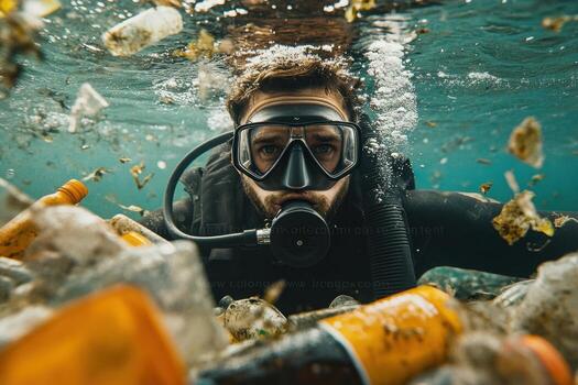 A man scuba diving in the ocean with garbage photo