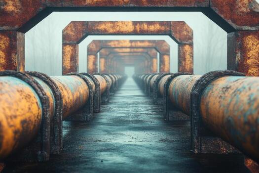 A long line of pipes in a foggy environment photo