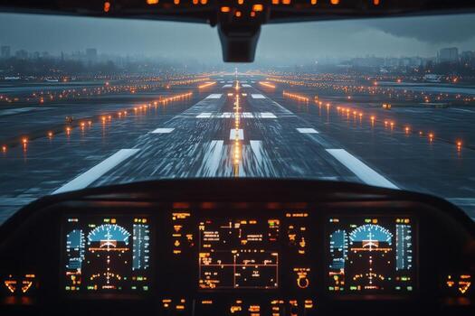 An airplane cockpit with lights on the runway photo