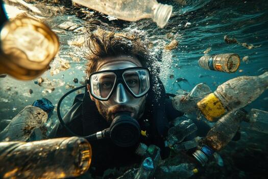 A man with a scuba mask and snorkel is surrounded by plastic bottles photo