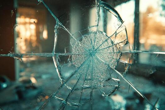 A broken window with a shattered glass photo