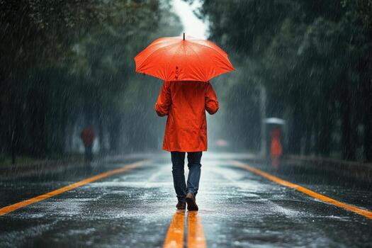 A person walking down a road with an umbrella photo