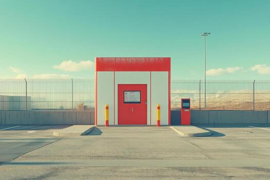 A red and white building with a parking lot photo