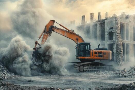 A construction machine is digging up rubble photo