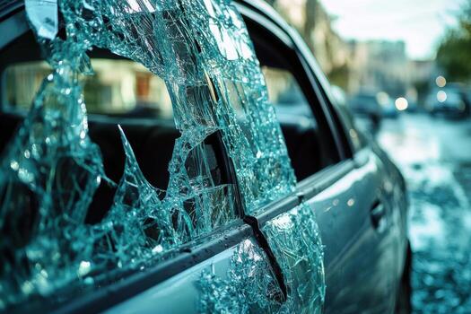 A broken window on a car with shattered glass photo