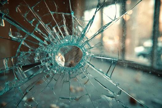 un roto vaso ventana con un agujero en eso foto