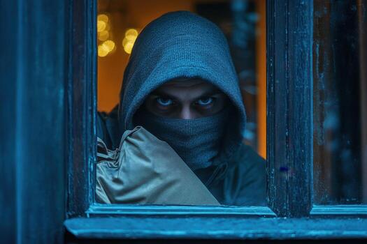 A man in a hoodie peeking out of a window photo